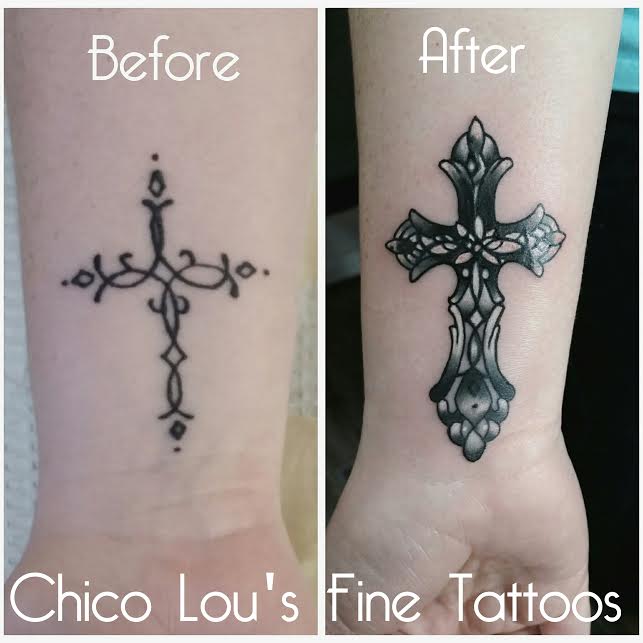 Cross cover-up by Chico Lou's Fine Tattoos shop in Athens Georgia GA. Artist - Sara Fogle