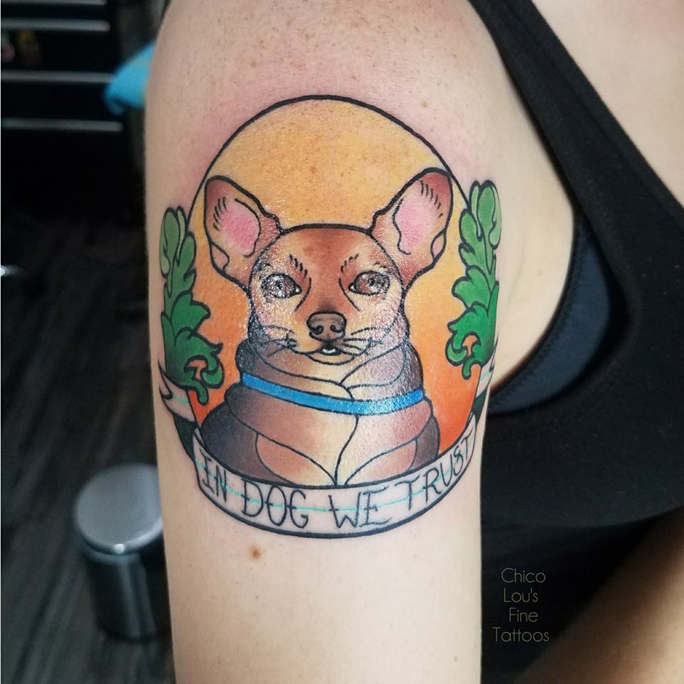 In Dog We Trust by Chico Lou's Fine Tattoos shop in Athens Georgia GA. Artist - Sara Fogle