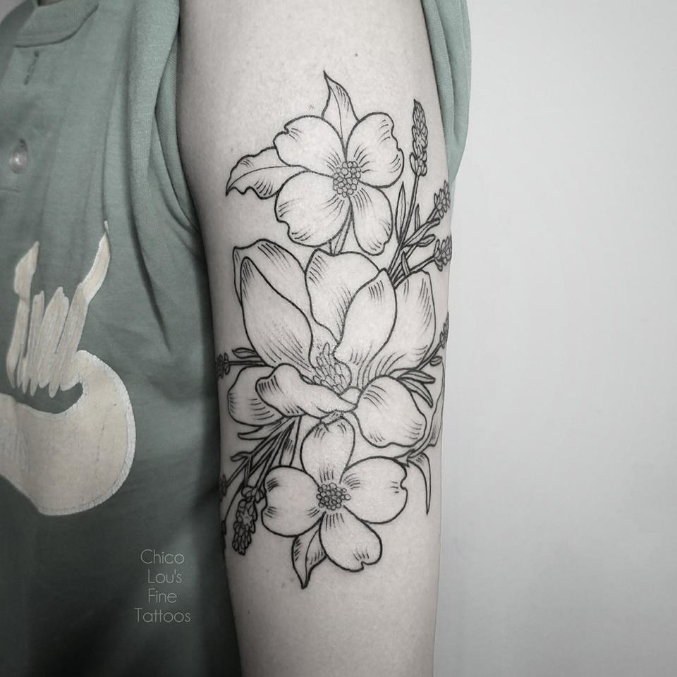 Linework flowers by Chico Lou's Fine Tattoos shop in Athens Georgia GA. Artist - Sara Fogle