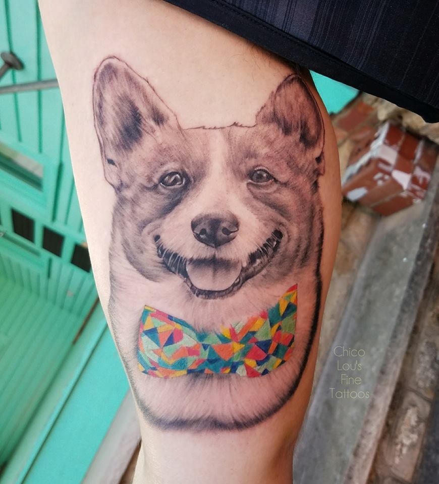 Pancake the Corgi by Chico Lou's Fine Tattoos shop in Athens Georgia GA. Artist - Sara Fogl