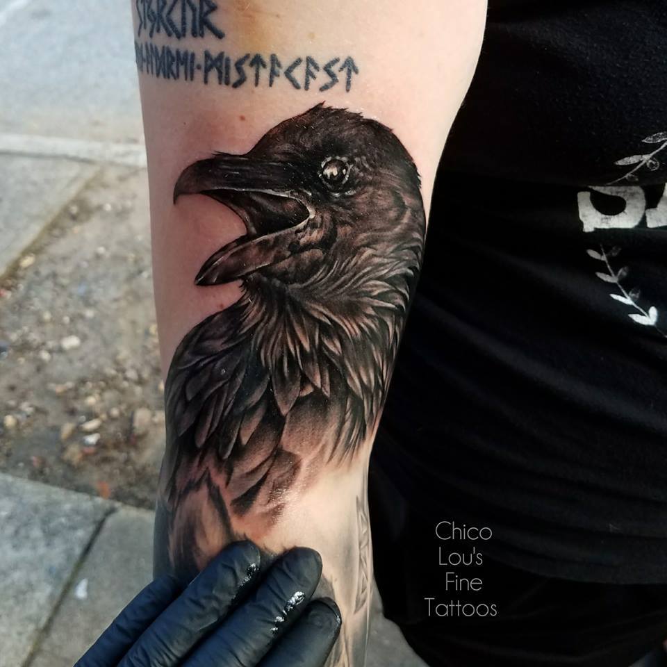 Crow by Chico lou's Fine Tattoos shop in Athens Georgia GA. Artist - Sara Fogle