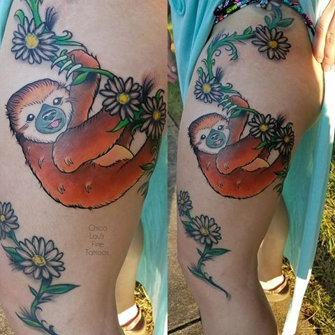 Sloth and Daisy Chain by Chico Lou's Fine Tattoos shop in Athens Georgia GA. Artist - Sara Fogle