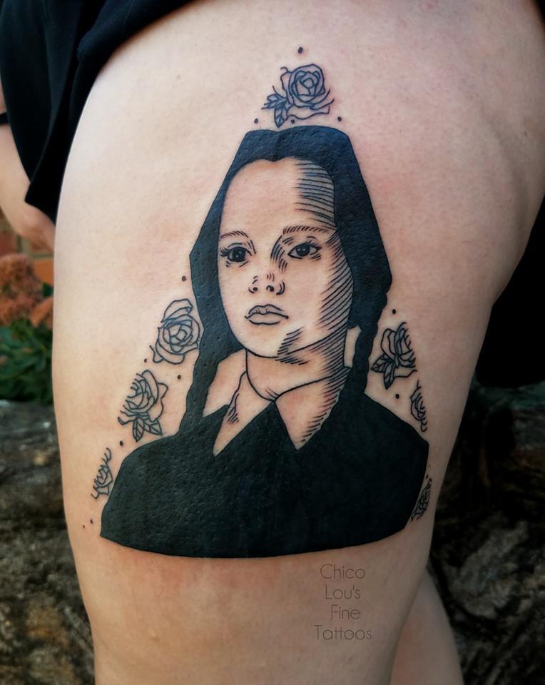 Wednesday Addams by Chico Lou's Fine Tattoos shop in Athens Georgia GA. Artist - Sara Fogle