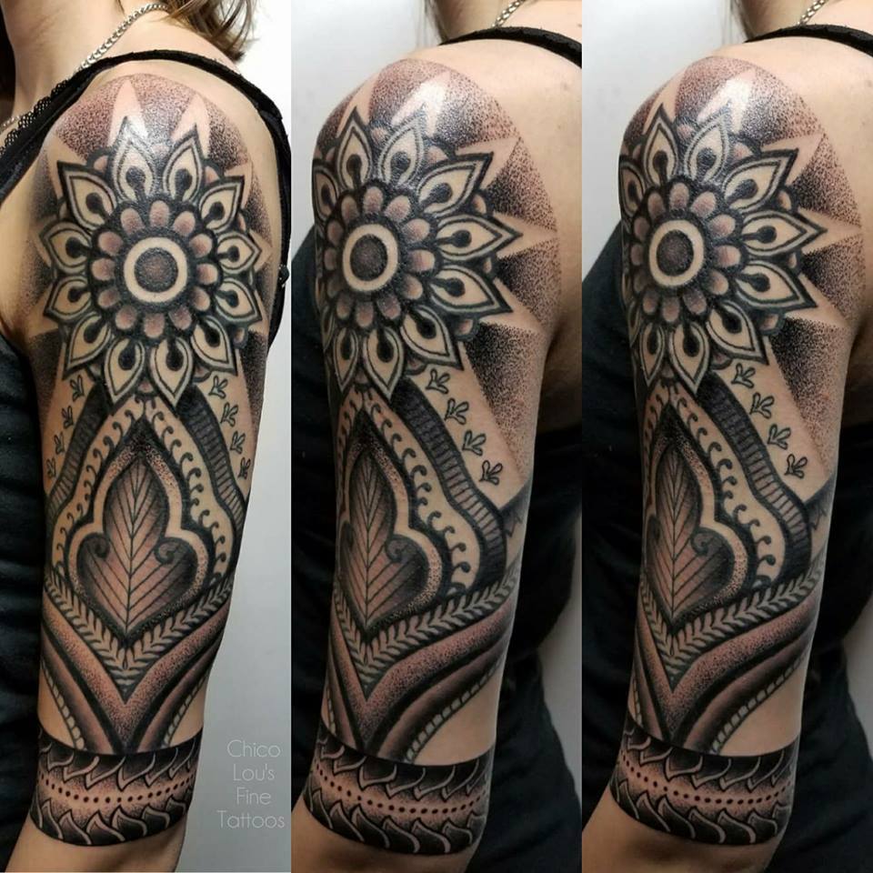 Ornamental blackwork half sleeve by Chico Lou's Fine Tattoos shop in Athens Georgia GA. Artist - Sara Fogle