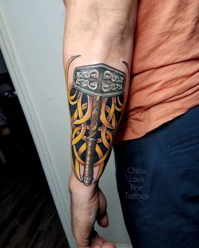 Thor's hammer Mjolnir by Chico Lou's Fine Tattoos shop in Athens Georgia GA. Artist - Sara Fogle