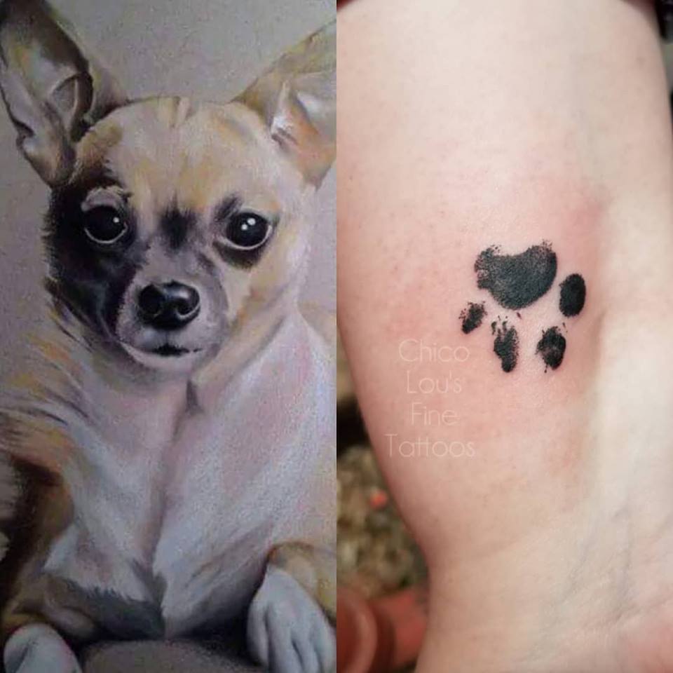 Pet portrait and paw pint by Chico Lou's Fine Tattoos shop in Athens Georgia GA. Artist - Sara Fogle