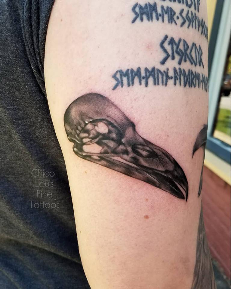 Raven skull by Chico Lou's Fine Tattoos shop in Athens Georgia GA. Artist - Sara Fogle