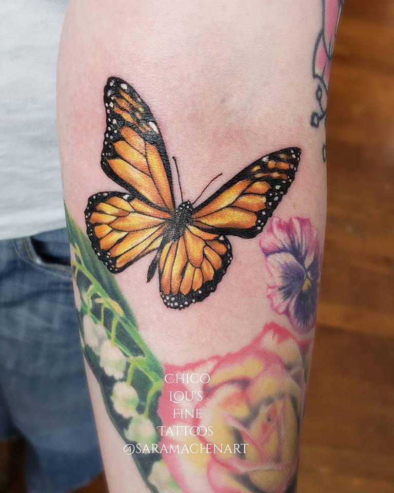 Butterfly by Chico Lou's Fine Tattoos shop in Athens Georgia GA. Artist - Sara Fogle