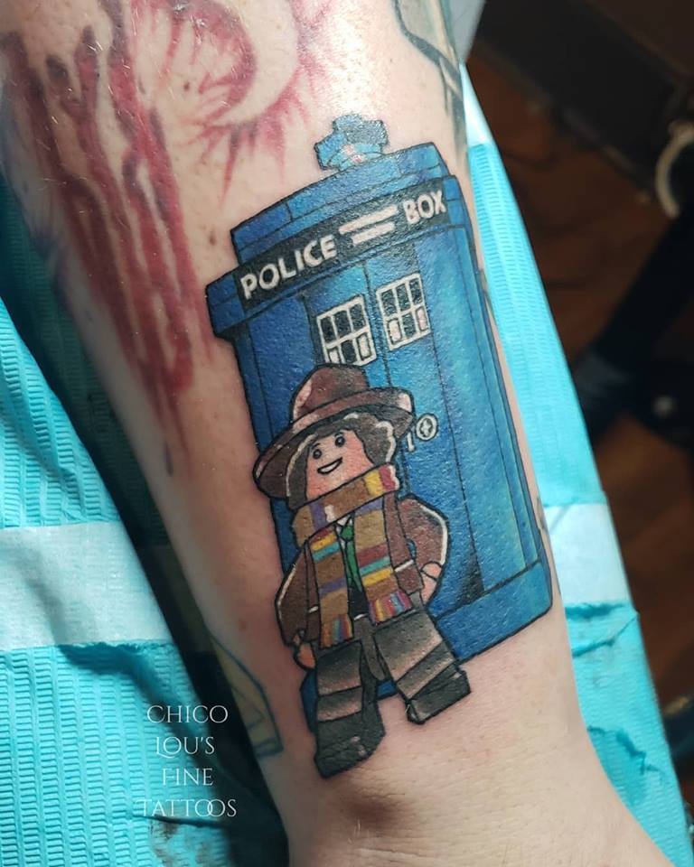 LEGO Dr. Who and T.A.R.D.I.S. by Chico lou's Fine Tattoos shop in Athens Georgia GA. Artist - Sara Fogle