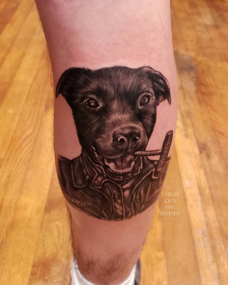 Pet portrait of Melo by Chico lou's Fine tattoos shop in Athens Georgia GA. Artist - Sara Fogle