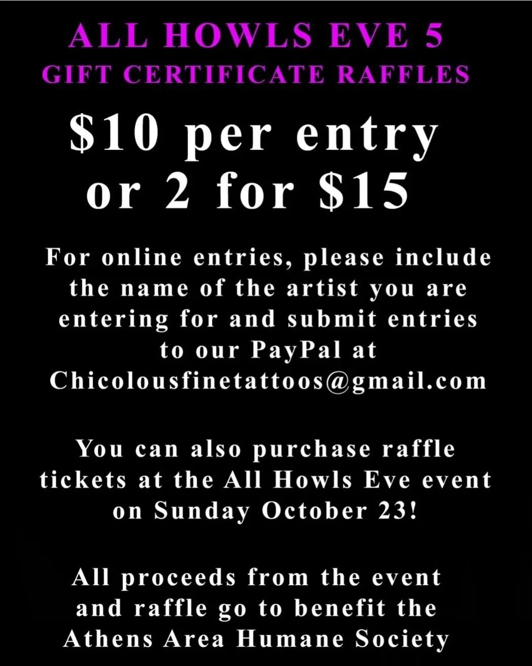 ATTENTION!!! RAFFLE ENTRIES ARE NOW HALF OFF!!! YOU HAVE UNTIL SUNDAY TO ENTER!!!
🎃TAG A FRIEND THE NEEDS A NEW TATTOO🎃 All proceeds go to @athenshumanesociety